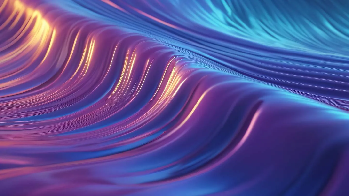 Smooth gradient waves with iridescent colors flowing like liquid metal captured from a 45-degree angle high-quality ultra-realistic cinematic 8K UHD high resolution sharp and detail