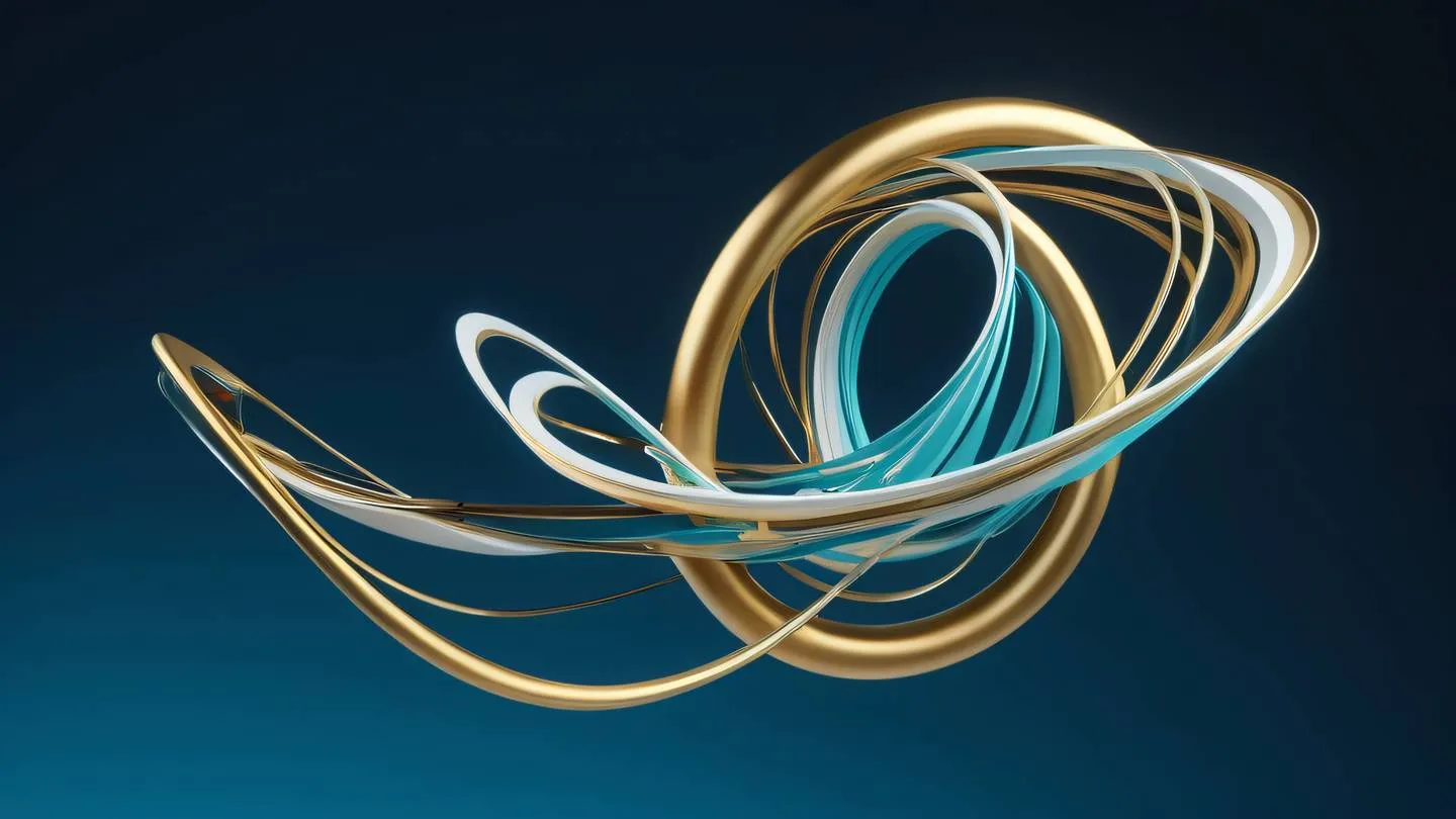 A floating geometric abstract sculpture with flowing lines and curves featuring bright cyan white and gold elements against a deep blue background captured from a low-angle perspective high-quality ultra-realistic cinematic 8K UHD high resolution sharp and detail