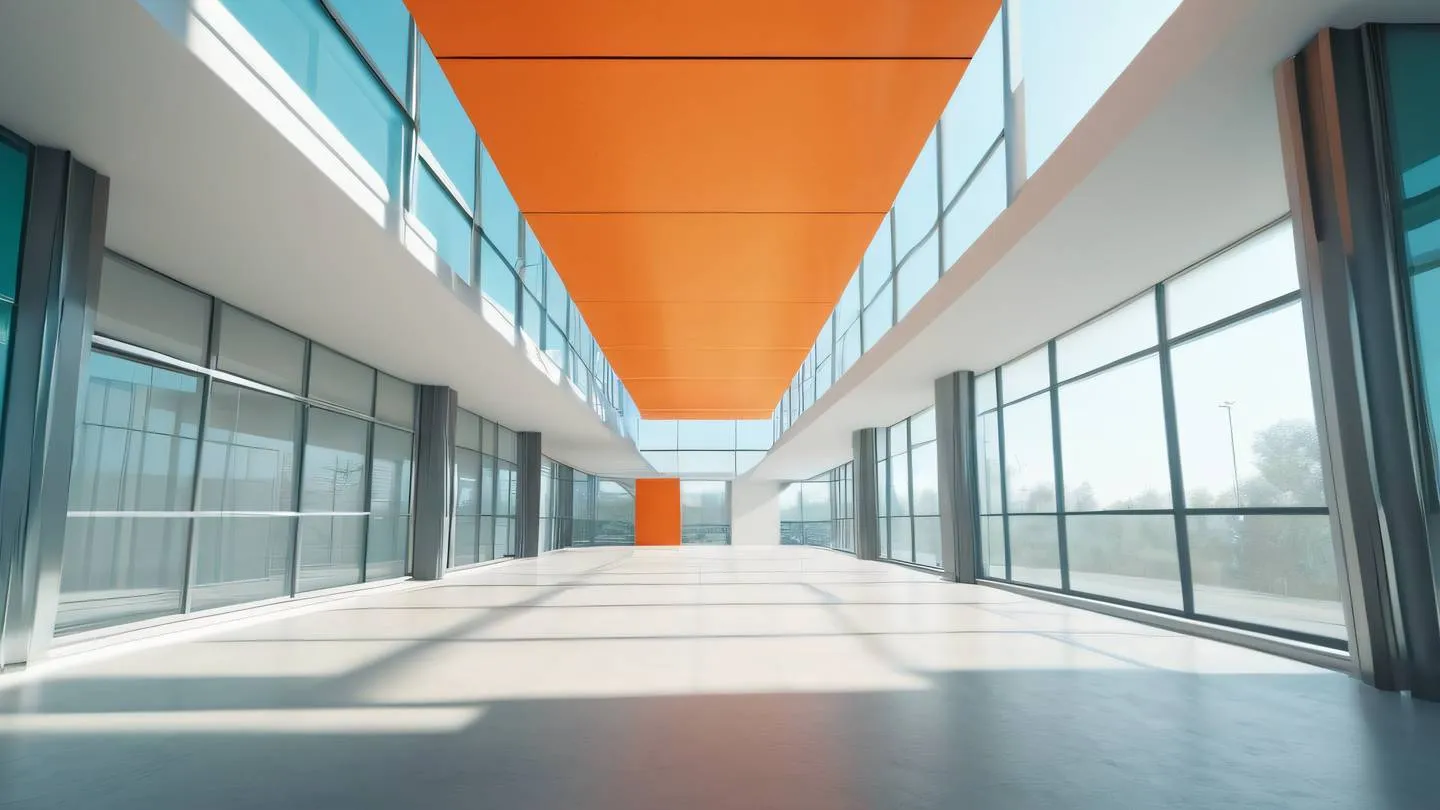 Modern minimalist architectural space with floating geometric elements featuring bright orange teal and silver accents natural sunlight streaming through large windows shot from a wide-angle perspective high-quality ultra-realistic cinematic 8K UHD high resolution sharp and detail