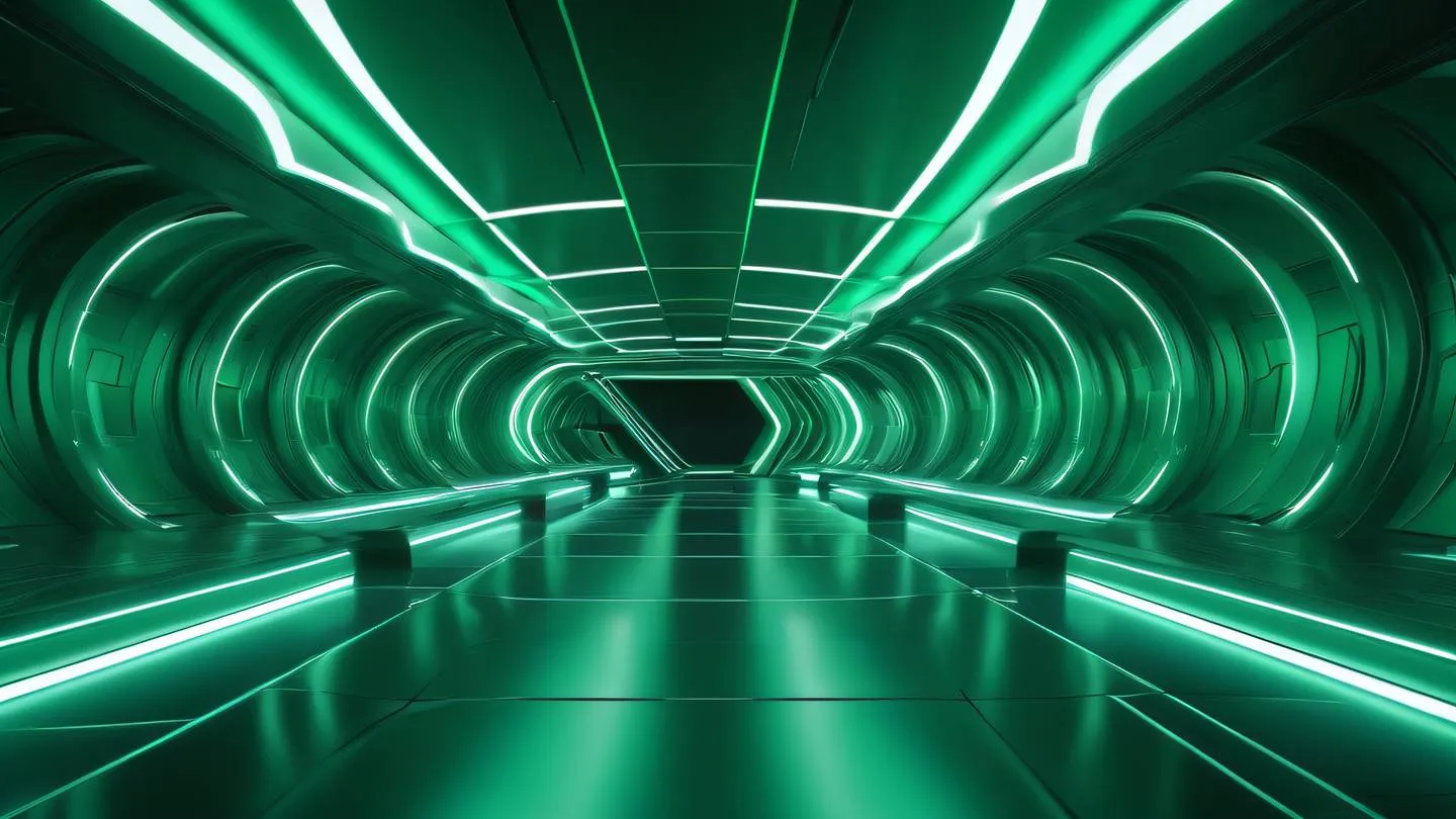 Futuristic abstract interior space with flowing curves and clean lines dominated by bright emerald green and brushed aluminum surfaces featuring geometric light patterns photographed from a dramatic diagonal angle high-quality ultra-realistic cinematic 8K UHD high resolution sharp and detail