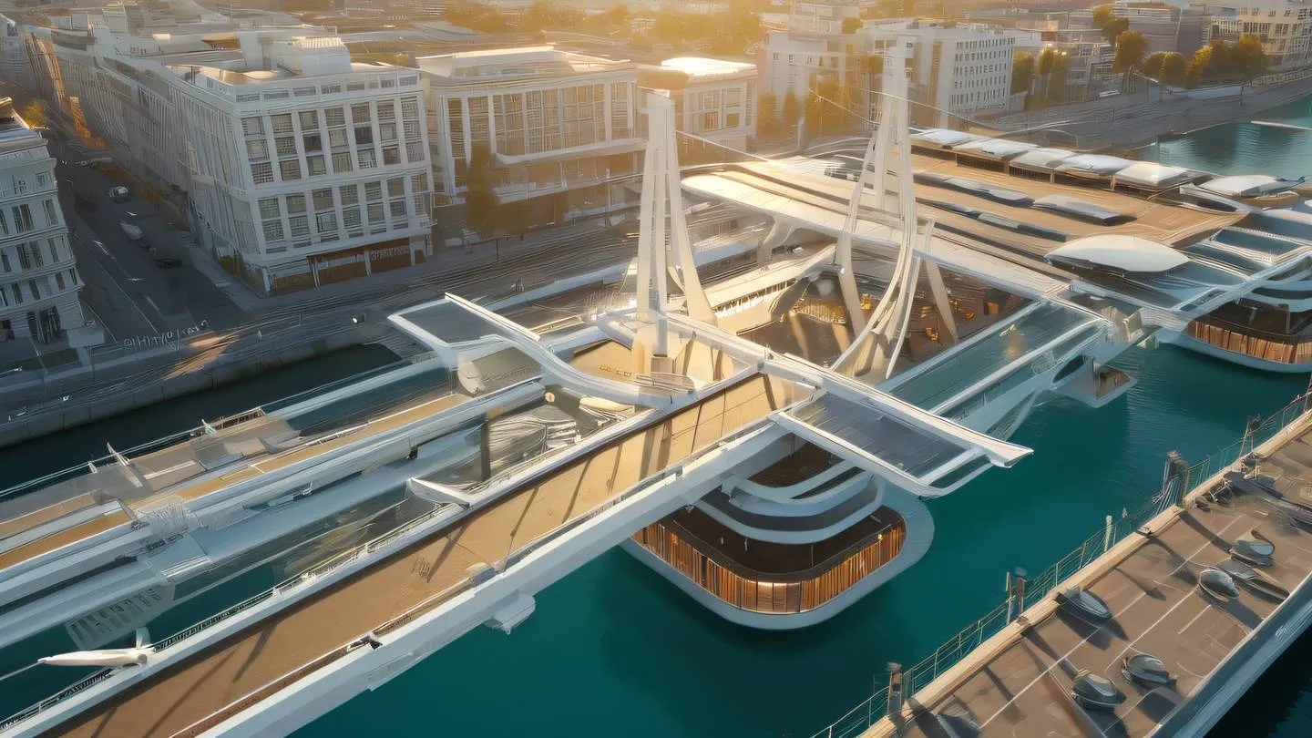 Abstract architectural visualization featuring interconnected floating platforms and bridges warm golden sunlight casting shadows across white and turquoise surfaces captured from a bird's eye perspective high-quality ultra-realistic cinematic 8K UHD high resolution sharp and detail