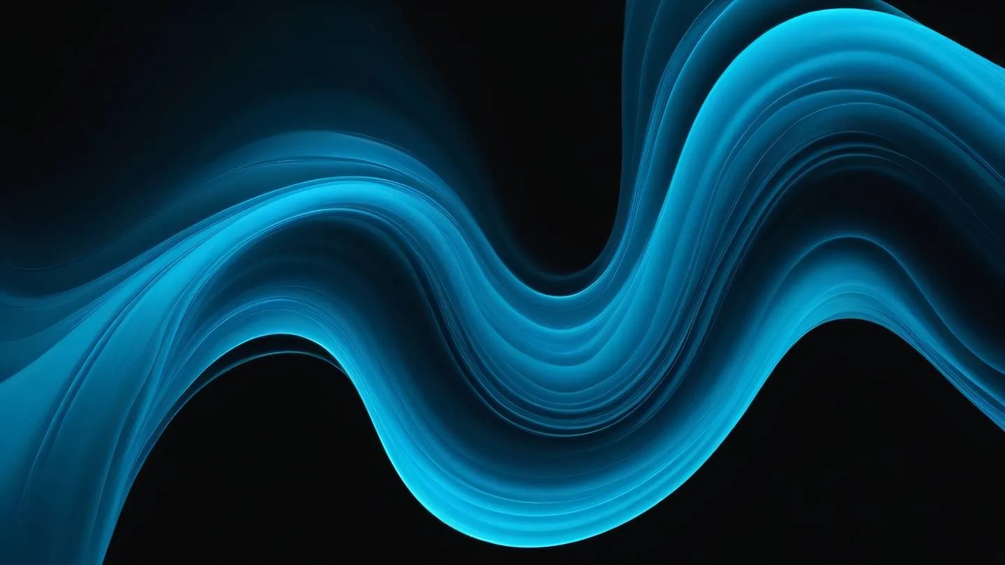 Abstract fluid motion featuring smooth flowing curves and dynamic movement rendered in bright cyan and electric blue tones against deep black background captured from top-down perspective high-quality ultra-realistic cinematic 8K UHD high resolution sharp and detail