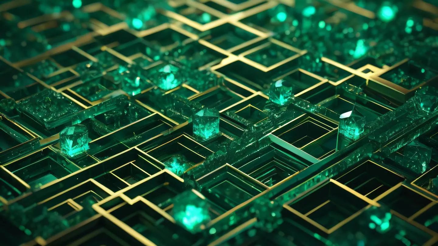 Geometric abstract composition with interconnected crystalline structures emerald green and gold color scheme shot from isometric angle high-quality ultra-realistic cinematic 8K UHD high resolution sharp and detail