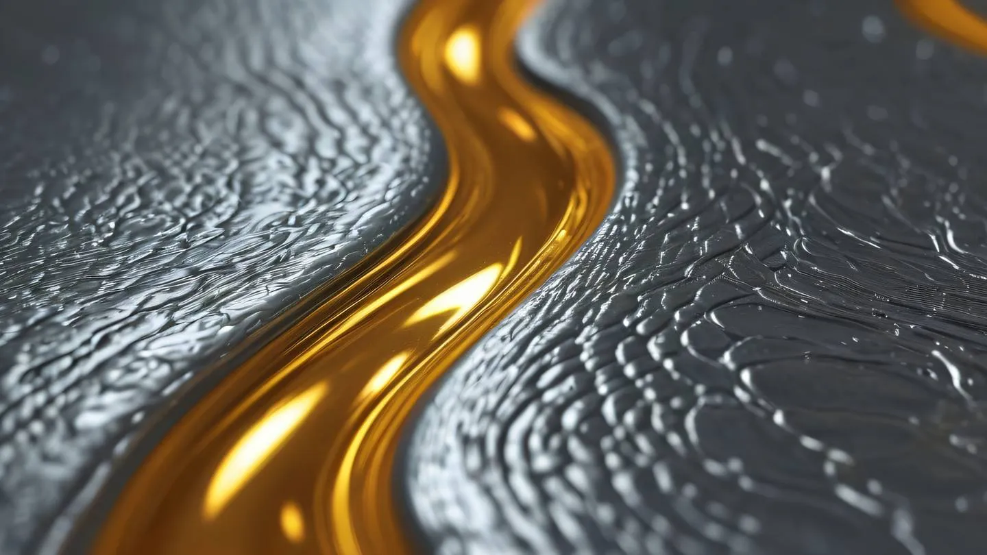 Industrial metallic texture with flowing liquid metal patterns rendered in silver and amber gold colors photographed from macro close-up angle high-quality ultra-realistic cinematic 8K UHD high resolution sharp and detail