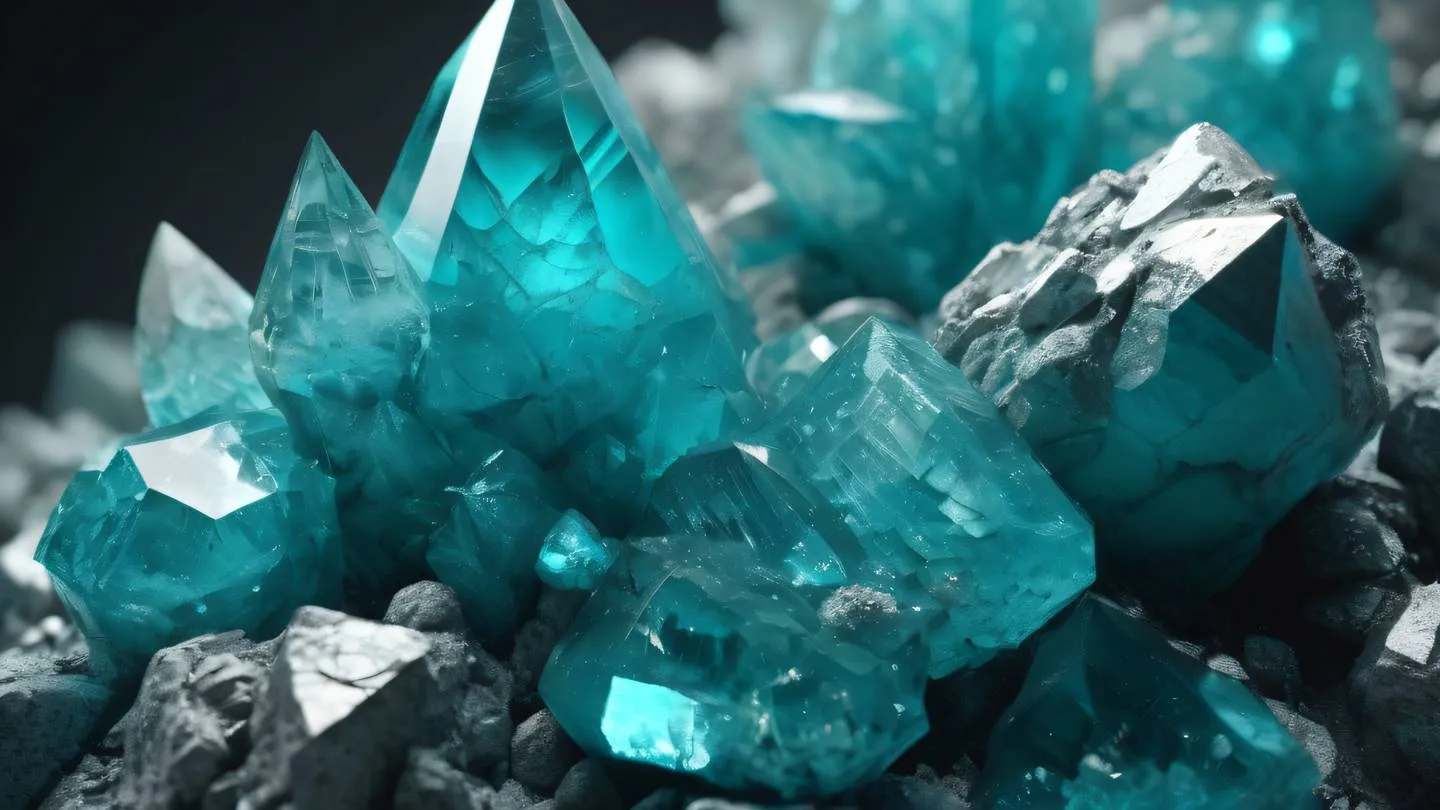 Crystalline mineral formation with layered geometric patterns featuring turquoise and silver tones captured from dramatic low angle high-quality ultra-realistic cinematic 8K UHD high resolution sharp and detail