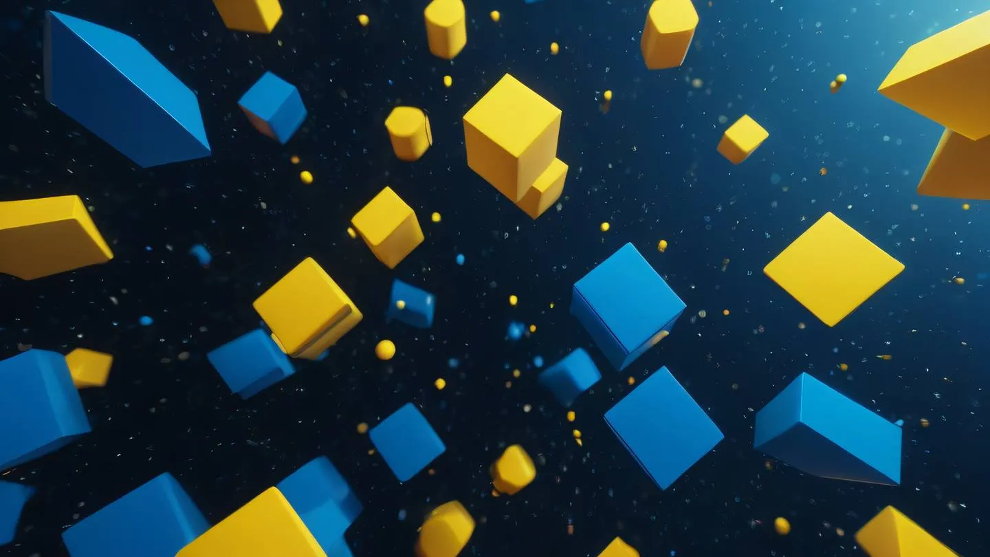 Abstract geometric shapes floating in space representing data flow and state management featuring gradient transitions from canary yellow to sapphire blue captured from a top-down perspective with soft ambient lighting high-quality ultra-realistic cinematic 8K UHD high resolution sharp and detail