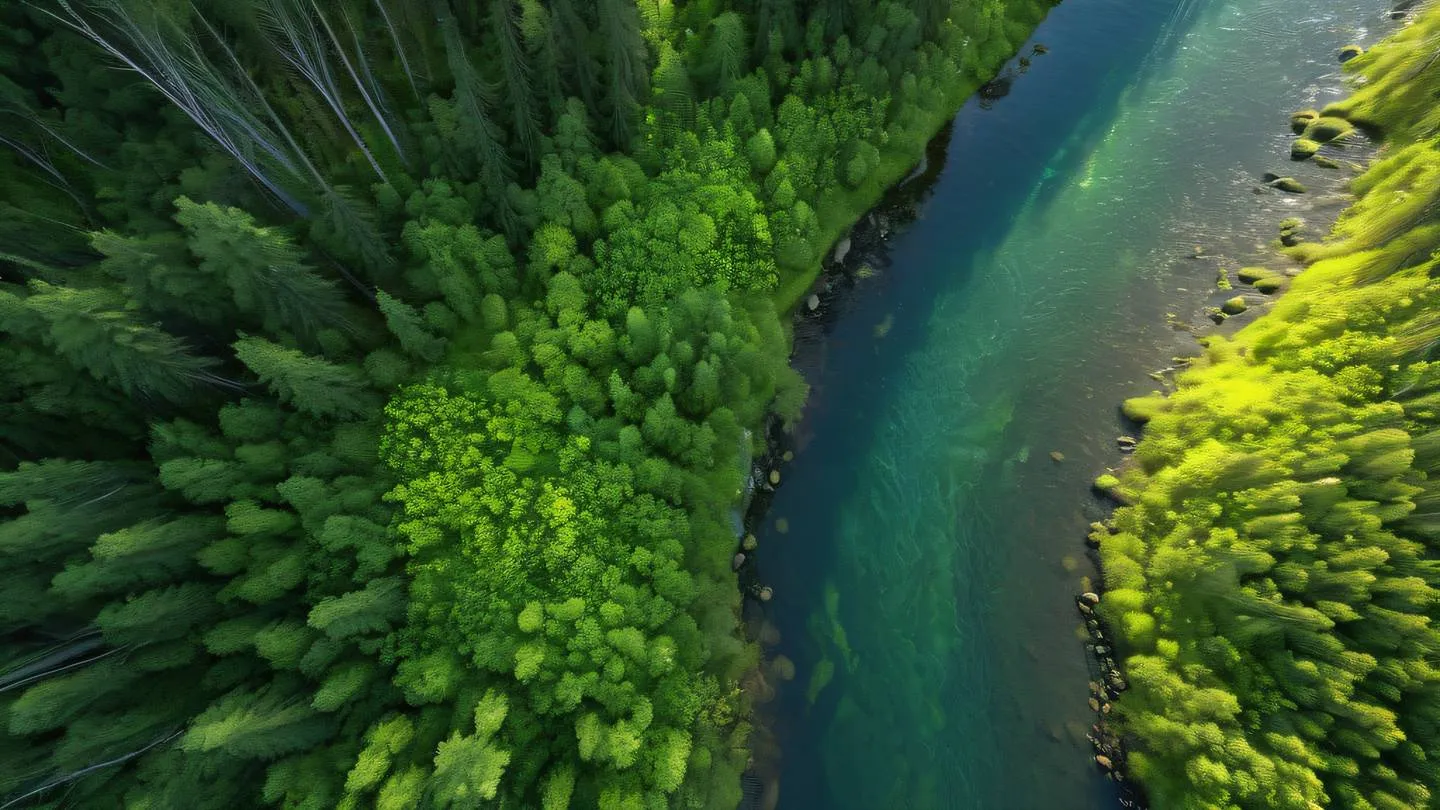 Intricate network of flowing streams in nature with crystal clear water reflecting sunshine yellow and fluorescent green colors captured from an aerial perspective high-quality ultra-realistic cinematic 8K UHD high resolution sharp and detail