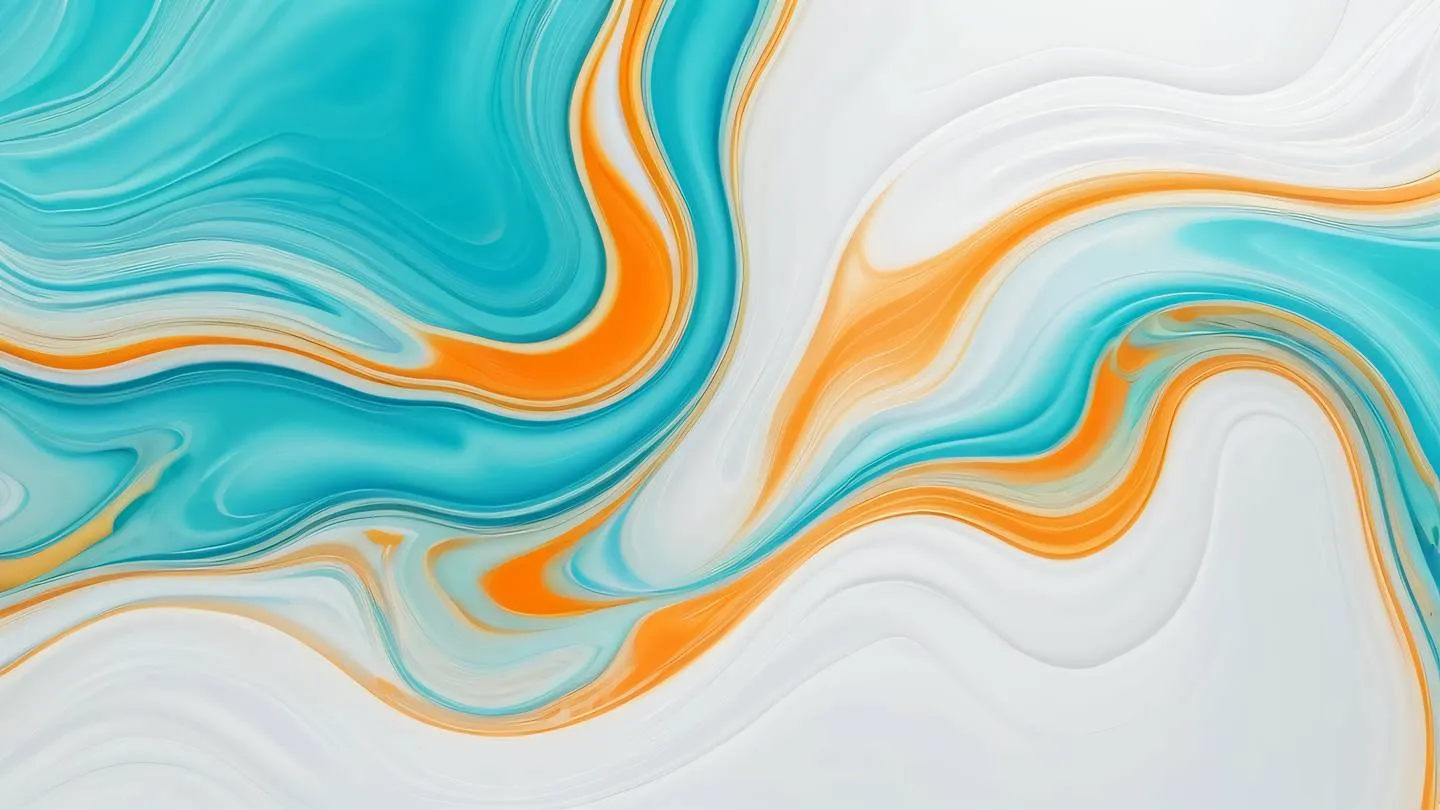 A serene abstract fluid art composition with flowing bright cyan and turquoise streams interweaving with gentle orange ripples against a pure white background captured from directly above (top-down view) high-quality ultra-realistic cinematic 8K UHD high resolution sharp and detail