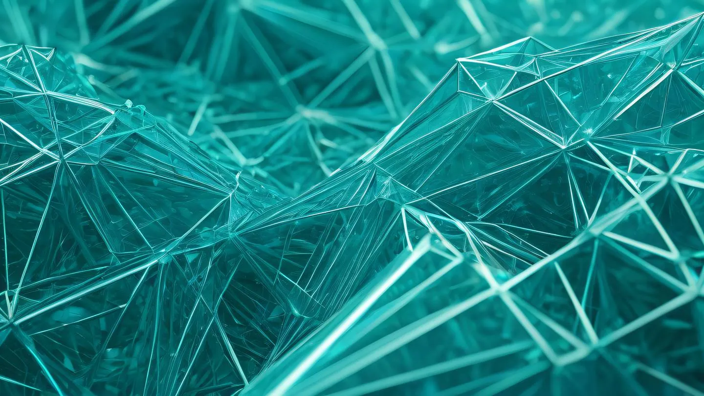 Abstract geometric pattern with intersecting bright blue and seafoam green crystalline shapes forming a seamless network structure shot from a 45-degree angle high-quality ultra-realistic cinematic 8K UHD high resolution sharp and detail