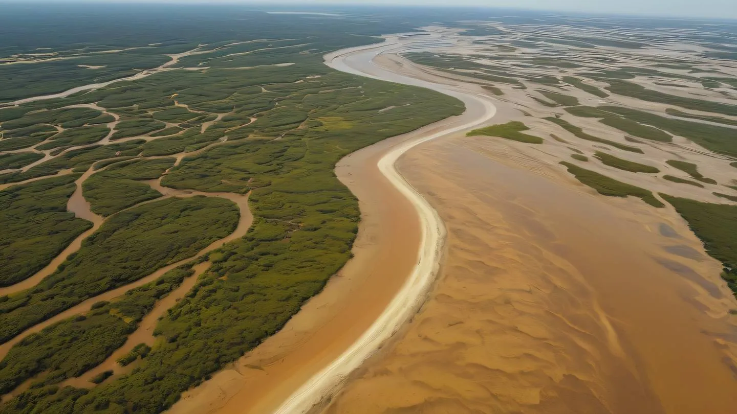 Aerial view of a winding river delta with multiple branches flowing through bright orange and golden sandbanks captured from directly above high-quality ultra-realistic cinematic 8K UHD high resolution sharp and detail