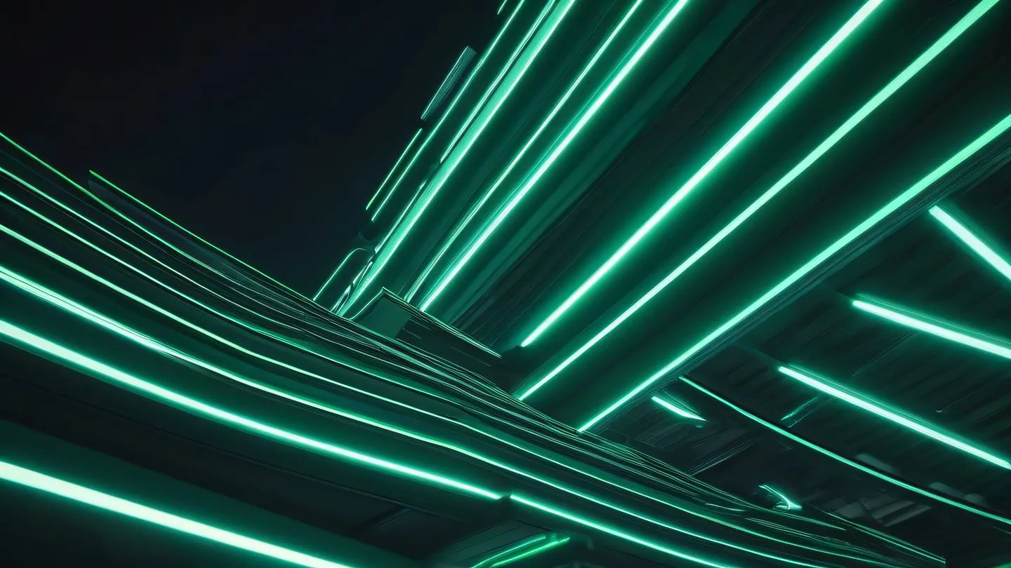 A futuristic abstract architectural structure with flowing lines featuring sleek metallic surfaces and neon green light trails weaving through geometric shapes. Shot from a low angle perspective looking up emphasizing grandeur and scale. High-quality ultra-realistic cinematic 8K UHD high resolution sharp and detail