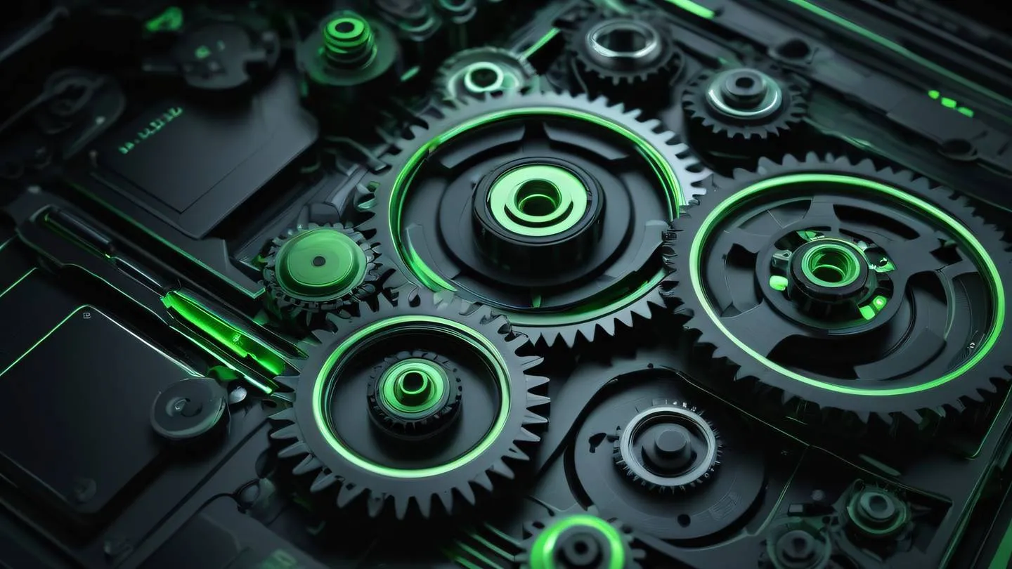 Abstract mechanical efficiency diagram with interlocking gears and energy flows rendered in black and metallic chrome with subtle neon green highlights. Photographed from a top-down perspective with dramatic lighting. High-quality ultra-realistic cinematic 8K UHD high resolution sharp and detail