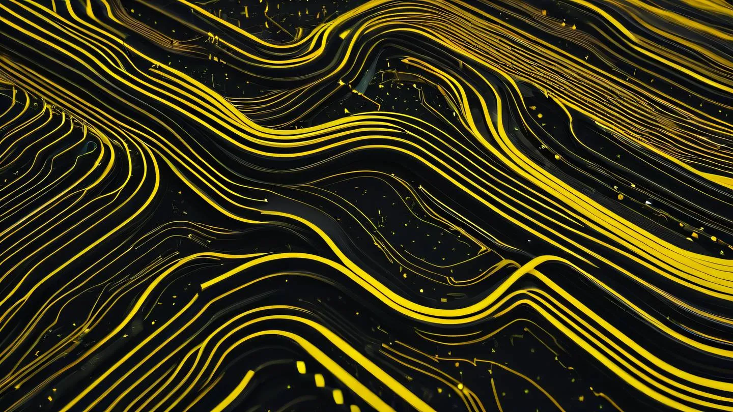 A sleek minimalist abstract composition featuring flowing curved lines representing data flow dominated by bright yellow and black colors. The curves interweave and connect like a modern circuit board pattern. Shot from top-down perspective. high-quality ultra-realistic cinematic 8K UHD high resolution sharp and detail