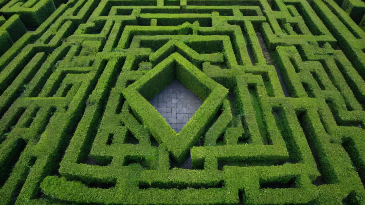 An abstract garden maze viewed from above with interconnected pathways forming geometric patterns. Colors feature bright green hedges against black stone paths. Aerial drone perspective. high-quality ultra-realistic cinematic 8K UHD high resolution sharp and detail