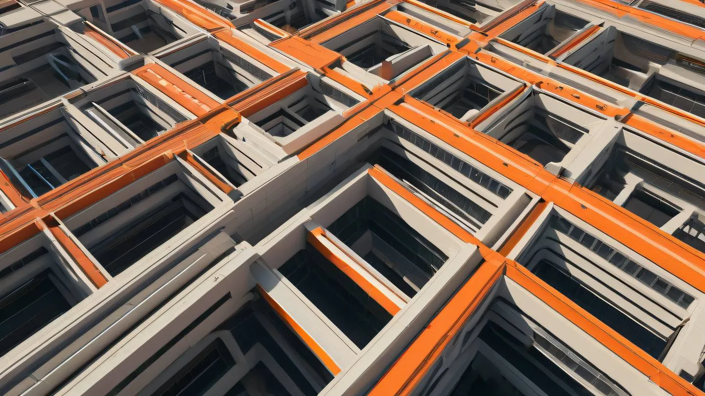 An abstract architectural structure featuring interconnected geometric shapes and pathways. Colors dominated by bright orange and neutral tones. Captured from a diagonal perspective showing depth and dimension. high-quality ultra-realistic cinematic 8K UHD high resolution sharp and detail