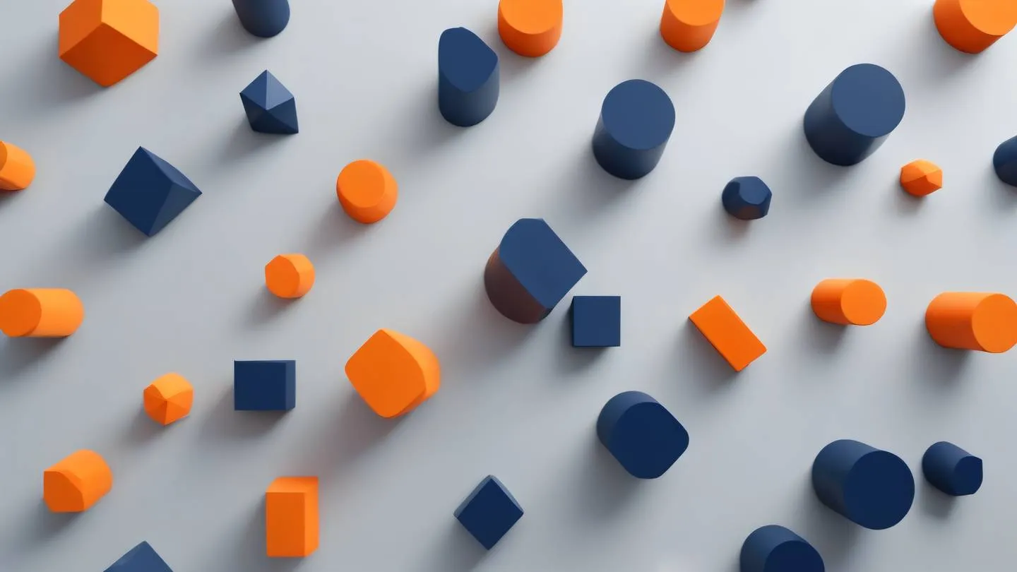 An abstract composition of floating geometric shapes in bright orange and navy blue arranged in a balanced pattern against a light gray background captured from a bird's eye view high-quality ultra-realistic cinematic 8K UHD high resolution sharp and detail