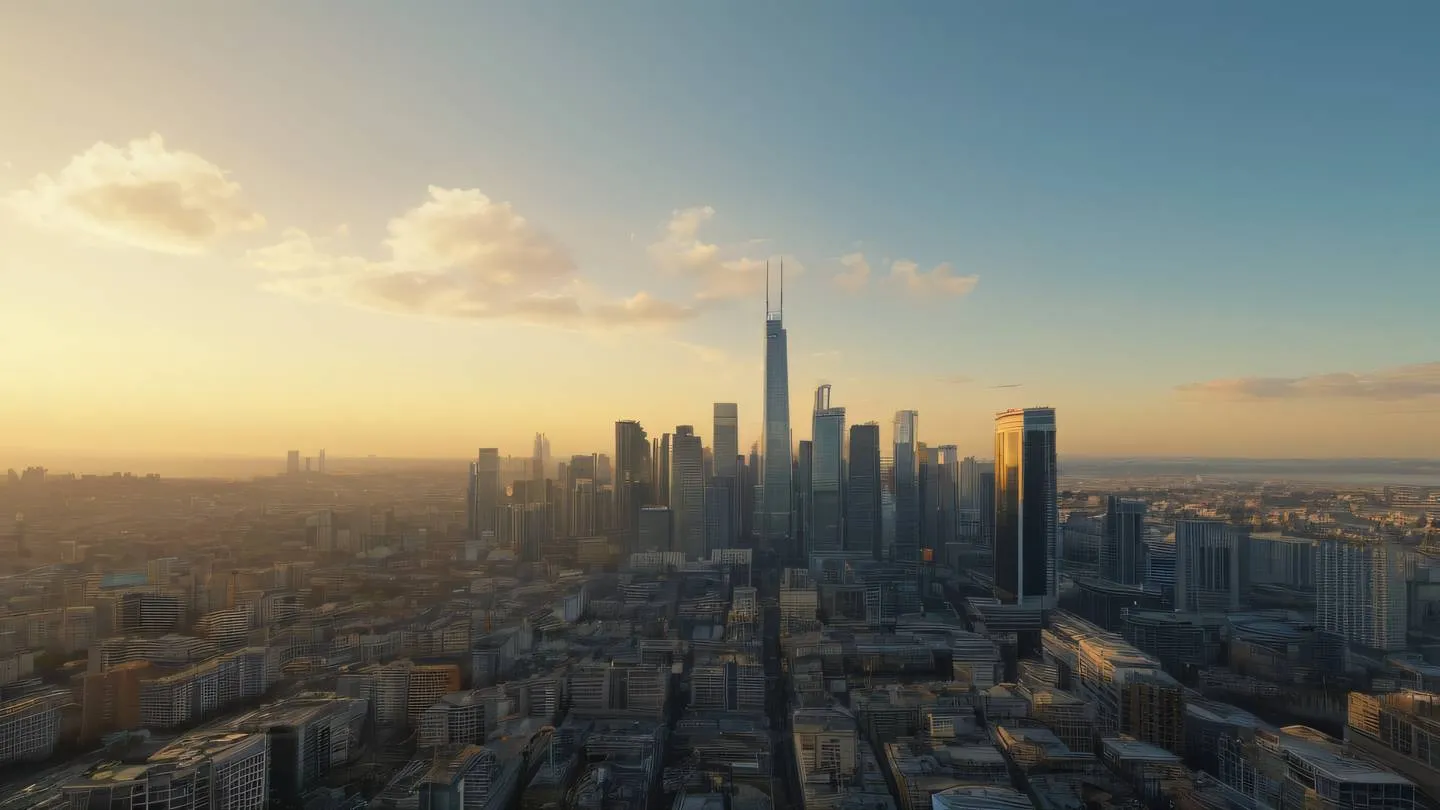 A serene cityscape with modern buildings under a bright yellow and blue gradient sky soft clouds catching golden hour light viewed from a straight-on perspective high-quality ultra-realistic cinematic 8K UHD high resolution sharp and detail