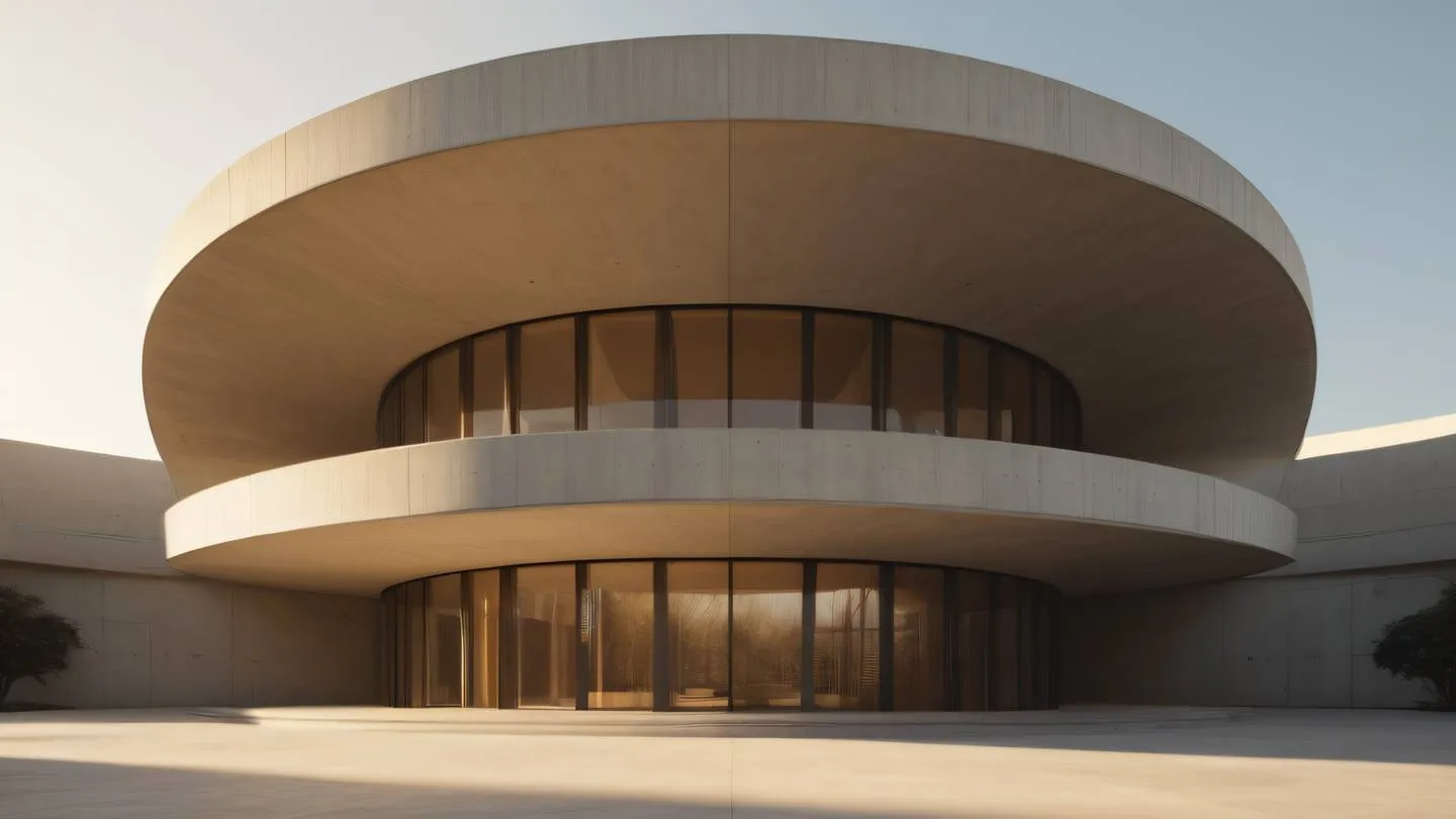 A serene modern concrete architectural structure with curved lines and clean geometry featuring warm creamy beige tones and golden sunlight casting dramatic shadows captured from a low upward angle perspective high-quality ultra-realistic cinematic 8K UHD high resolution sharp and detail