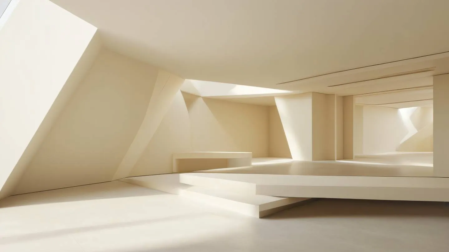 A minimalist architectural space with floating geometric shapes featuring a palette of soft creamy whites and pale yellows with subtle shadows and clean lines captured from a dramatic diagonal perspective high-quality ultra-realistic cinematic 8K UHD high resolution sharp and detail