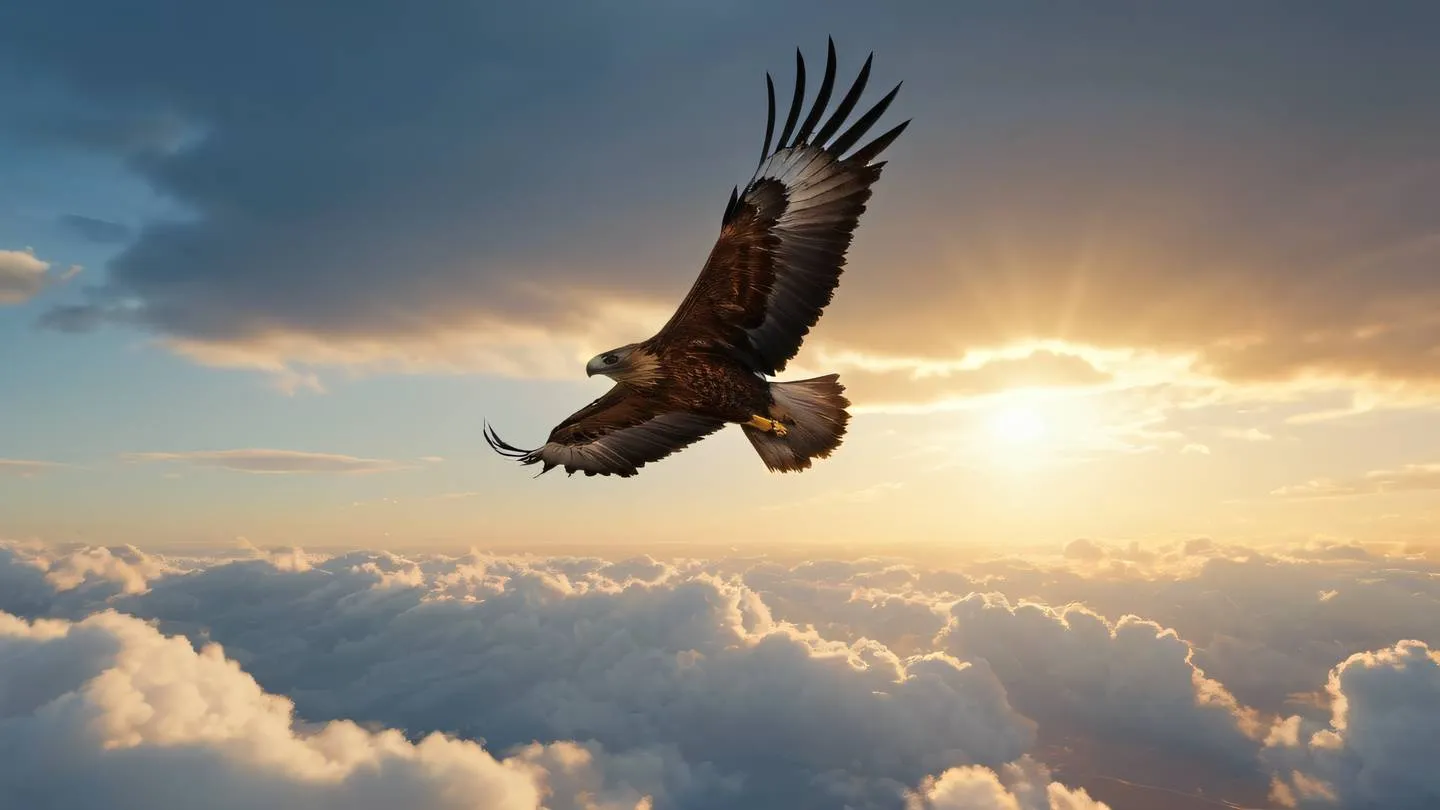 A majestic golden eagle soaring through fluffy cumulus clouds against a bright amber and white sky captured from a low angle perspective with the sun creating dramatic rim lighting high-quality ultra-realistic cinematic 8K UHD high resolution sharp and detail