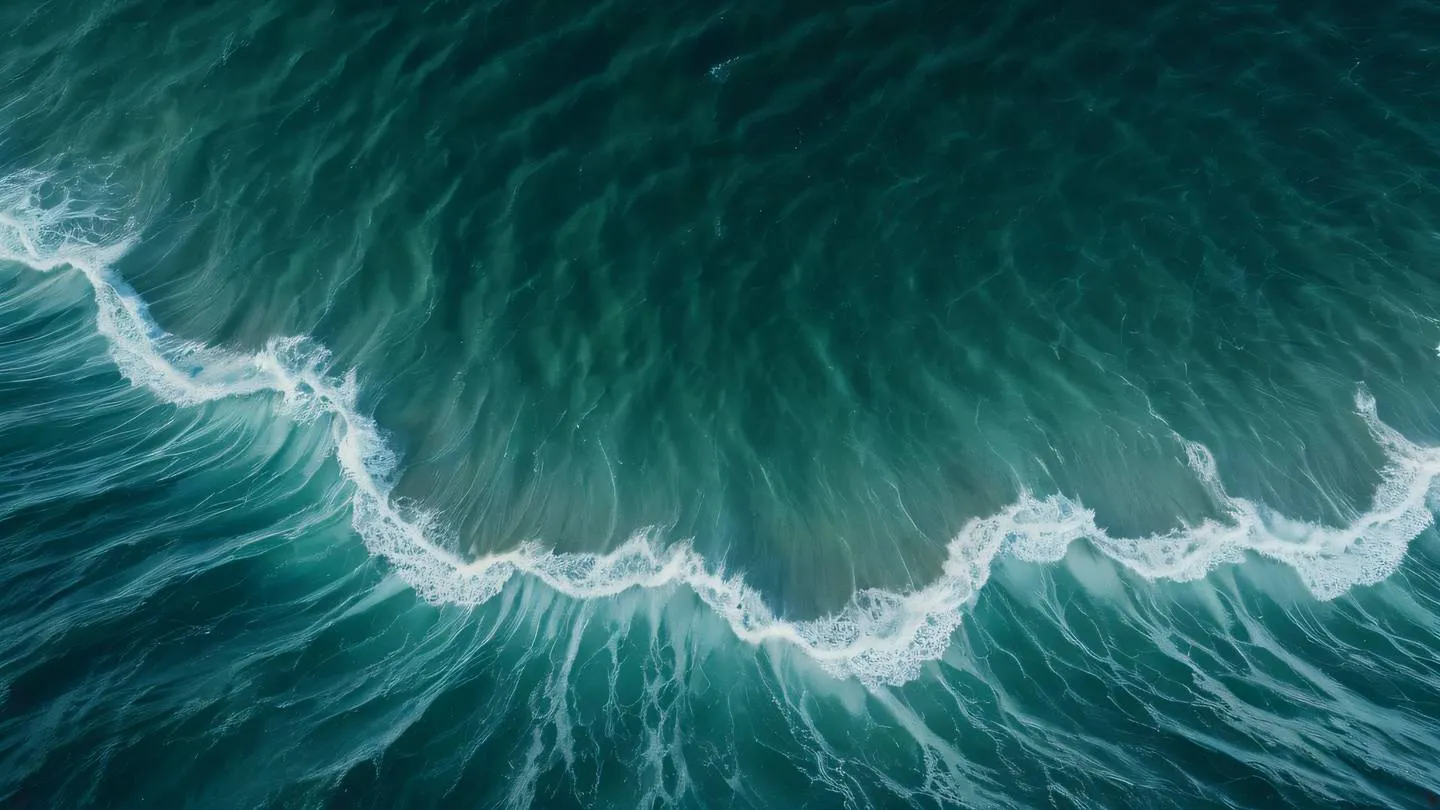 Abstract flowing patterns resembling ocean waves dominated by seaweed green and stone blue colors creating a sense of depth and movement viewed from a top-down perspective high-quality ultra-realistic cinematic 8K UHD high resolution sharp and detail