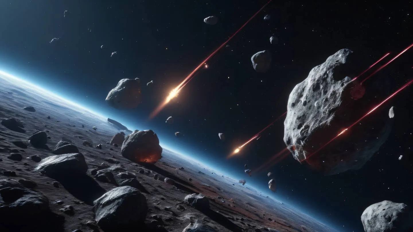 A cluster of rocky asteroids floating in space with bright maroon and white streaks of light between them shot from a dramatic diagonal angle high-quality ultra-realistic cinematic 8K UHD high resolution sharp and detail