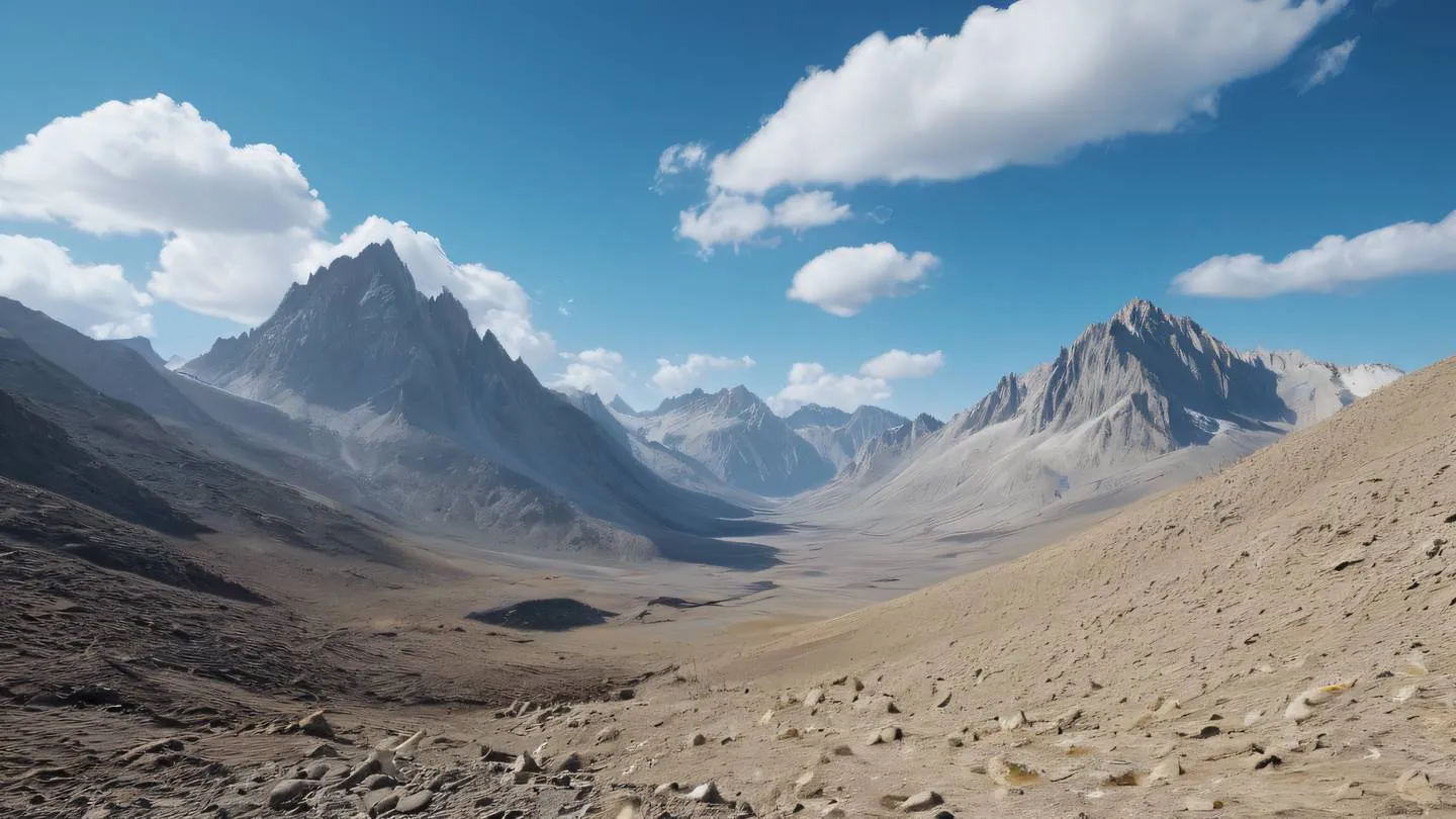 A serene mountain landscape transitioning from rough to smooth terrain symbolizing migration and change. Bright dusty blue sky with wisps of white clouds zinc-colored rocky peaks and concrete-colored valleys. Shot from a low angle perspective looking up at the peaks ultra-realistic cinematic 8K UHD high resolution sharp and detailed