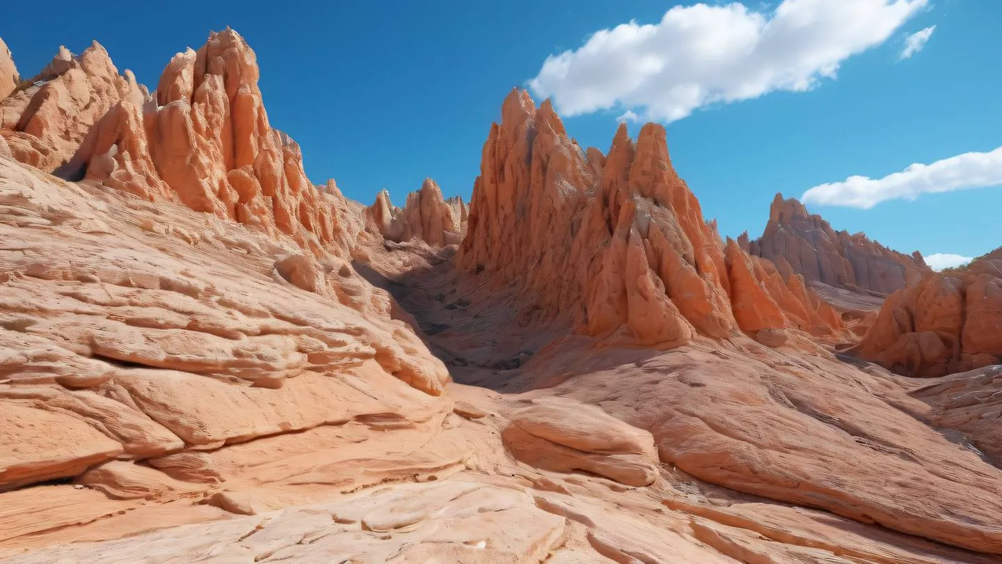 Natural rock formations in salmon-orange and peach colors against a bright blue sky showing layers and transitions of different materials. Photographed from a diagonal angle showing depth high-quality ultra-realistic cinematic 8K UHD high resolution sharp and detailed