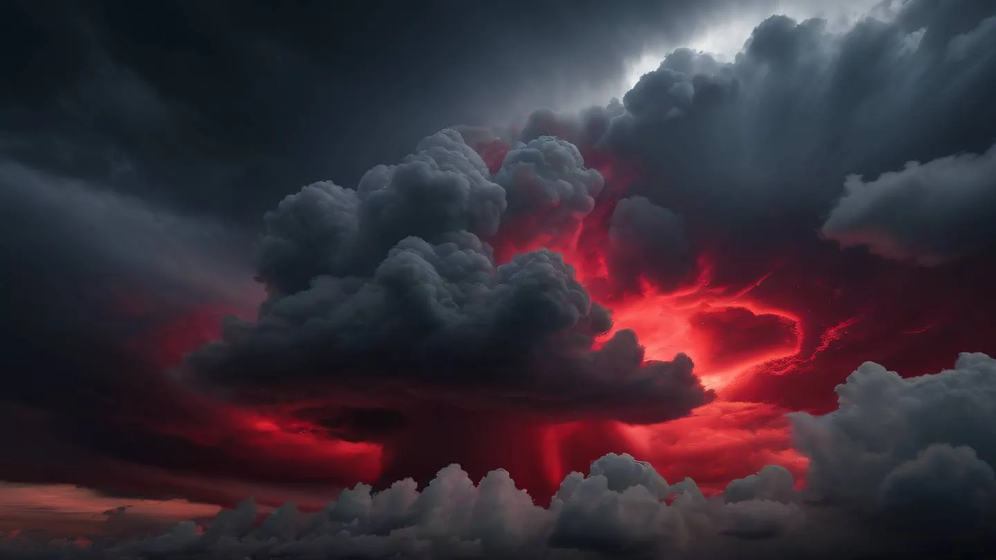 A dramatic cloud formation with swirling patterns in bright ruby red and concrete colors against a stark black sky representing transformation and evolution. Photographed from a dramatic upward angle high-quality ultra-realistic cinematic 8K UHD high resolution sharp and detailed