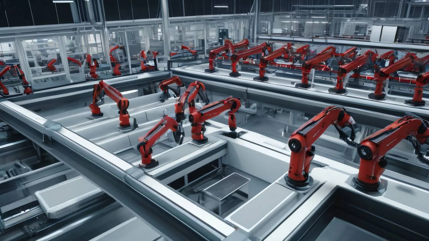 Futuristic automated factory assembly line with robotic arms testing mobile devices glowing in perfect red and off-white colors viewed from a sweeping aerial perspective high-quality ultra-realistic cinematic 8K UHD high resolution sharp and detail