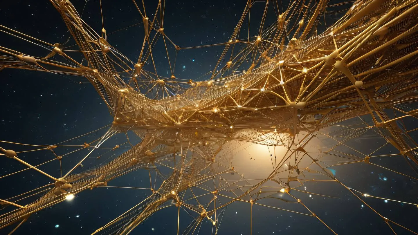 Abstract technological network of interconnected nodes and pathways floating in space rendered in ochre and breezeway colors captured from a low-angle perspective high-quality ultra-realistic cinematic 8K UHD high resolution sharp and detail