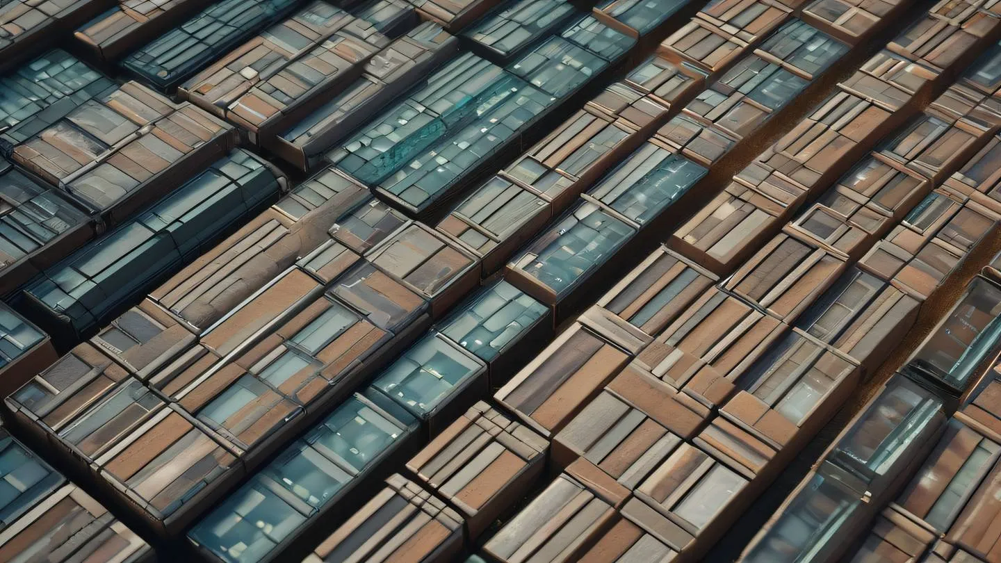 Abstract geometric patterns representing data flow and automation featuring sun-washed brick and etched glass colors shot from a bird's eye view high-quality ultra-realistic cinematic 8K UHD high resolution sharp and detail