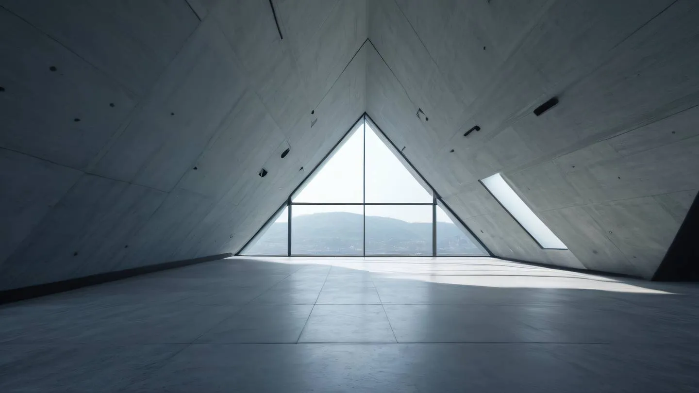 Modern minimalist architecture interior with large windows casting dramatic light rays featuring sharp angular lines and open space. Colors: dusty blue walls with concrete floors and black metal accents. Camera angle: wide-angle shot from ground level looking up at 30 degrees high-quality ultra-realistic cinematic 8K UHD high resolution sharp and detail