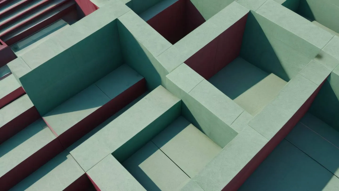 Geometric abstract architectural composition with intersecting planes and shadows featuring clean lines and modern materials. Colors: maroon structures with seaweed green shadows and stone blue highlights. Camera angle: straight-on perspective with slight tilt high-quality ultra-realistic cinematic 8K UHD high resolution sharp and detail