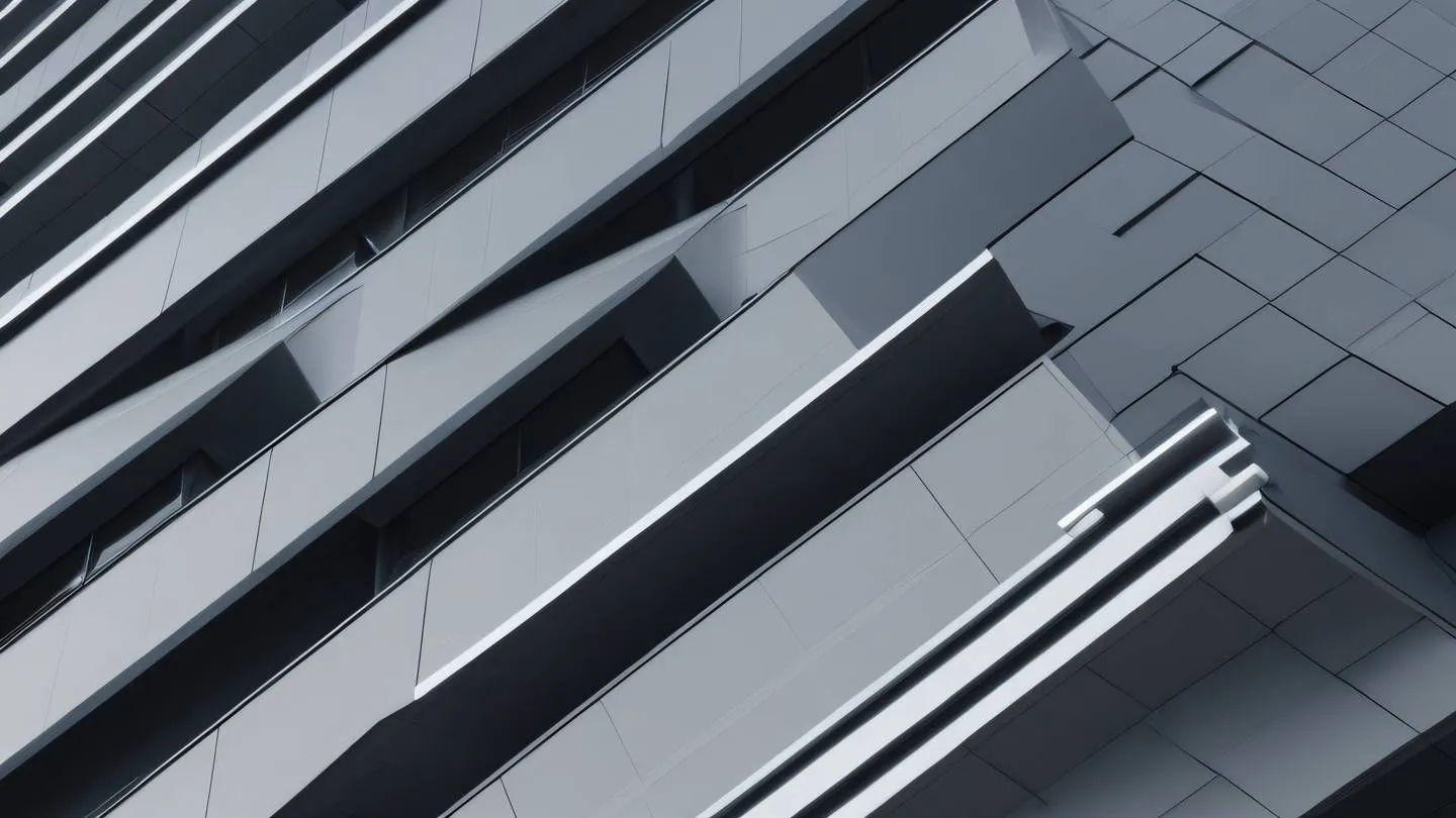 Abstract architectural detail of sleek modern building exterior with strong geometric patterns. Colors: minimal greys with bright white highlights and charcoal shadows. Camera angle: extreme close-up diagonal view high-quality ultra-realistic cinematic 8K UHD high resolution sharp and detail