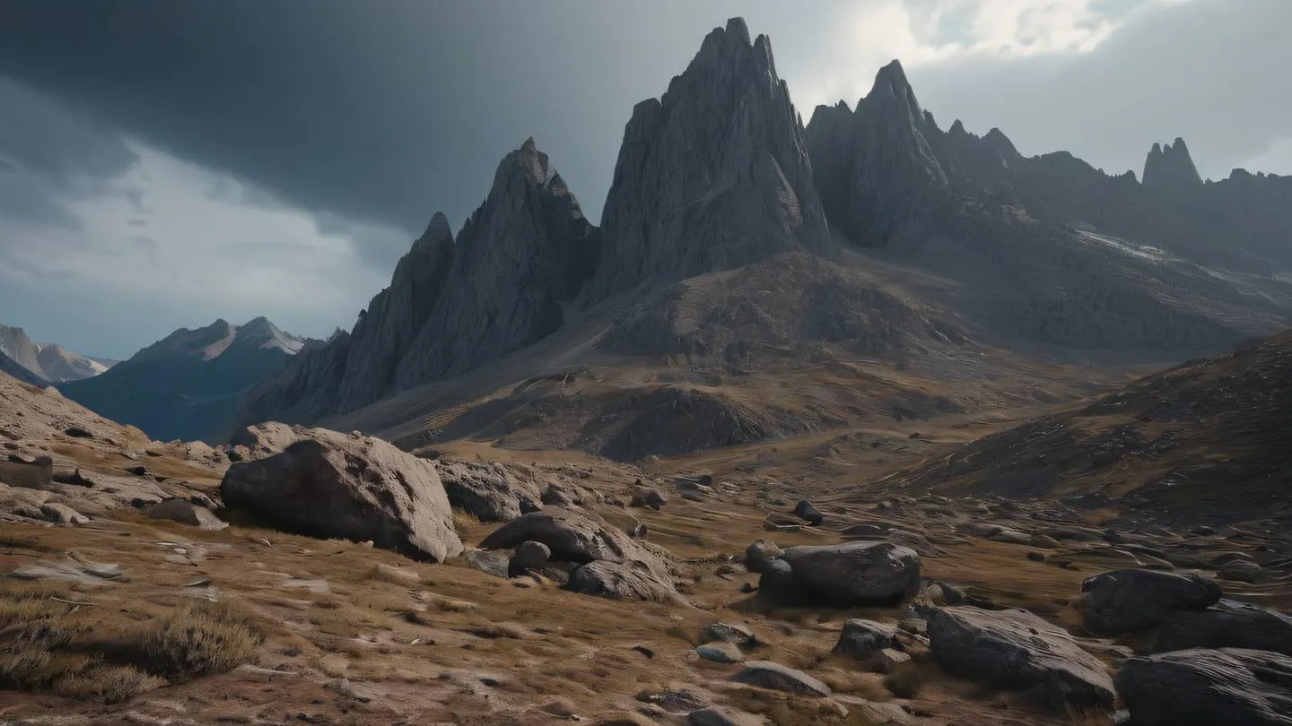 Modern rocky mountain landscape with dramatic lighting and architectural elements integrated into nature. Colors: umber rocks with walnut wood textures and iron grey sky. Camera angle: low angle shot from valley looking up at peaks high-quality ultra-realistic cinematic 8K UHD high resolution sharp and detail