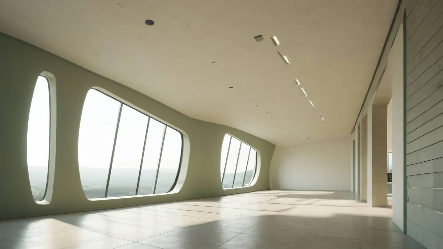 Modern minimalist architecture interior with curved walls and geometric shapes natural light streaming through large windows color palette of warm cream and sage green tones ultra wide angle shot from ground level high-quality ultra-realistic cinematic 8K UHD high resolution sharp and detail