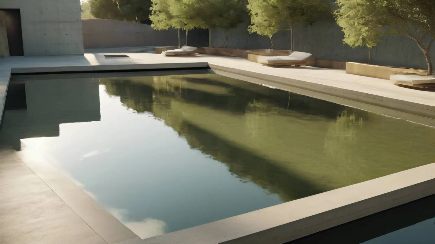 Modern architectural space with floating concrete platforms and water features afternoon light creating reflections color palette of bright olive green and sandy beige low angle perspective shot high-quality ultra-realistic cinematic 8K UHD high resolution sharp and detail