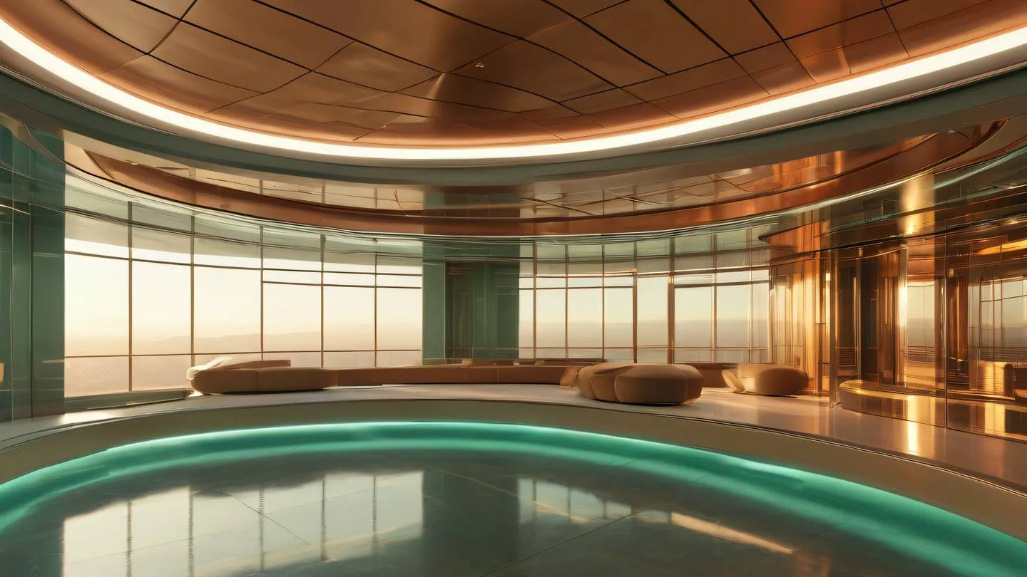 Futuristic architectural interior with curved glass walls and floating platforms golden hour light creating long shadows color palette of bright copper and sage green wide panoramic shot from corner angle high-quality ultra-realistic cinematic 8K UHD high resolution sharp and detail