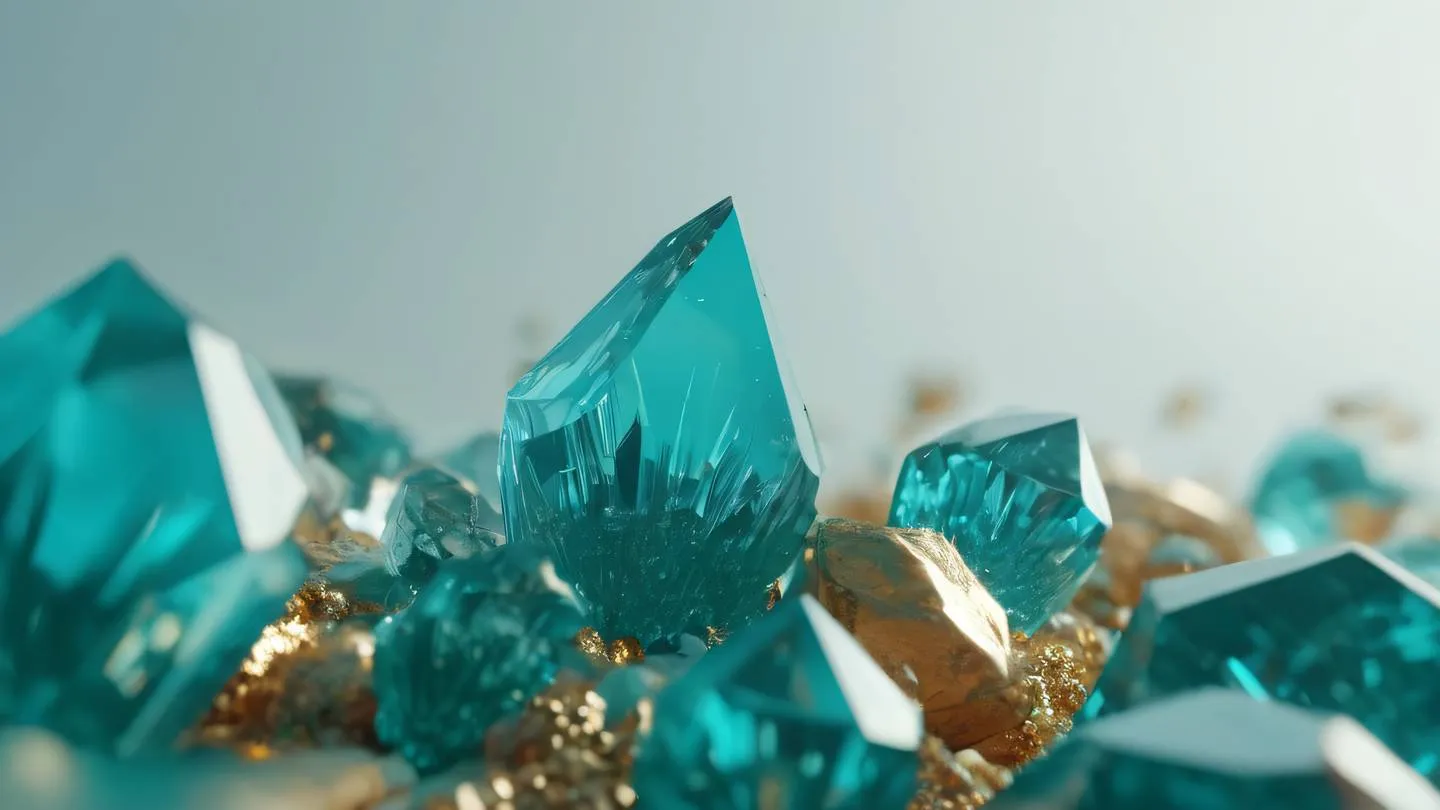 A minimalist abstract composition featuring geometric crystal formations emerging from a clean background rendered in bright teals and warm golds shot from a low angle perspective looking up at the formations high-quality ultra-realistic cinematic 8K UHD high resolution sharp and detail