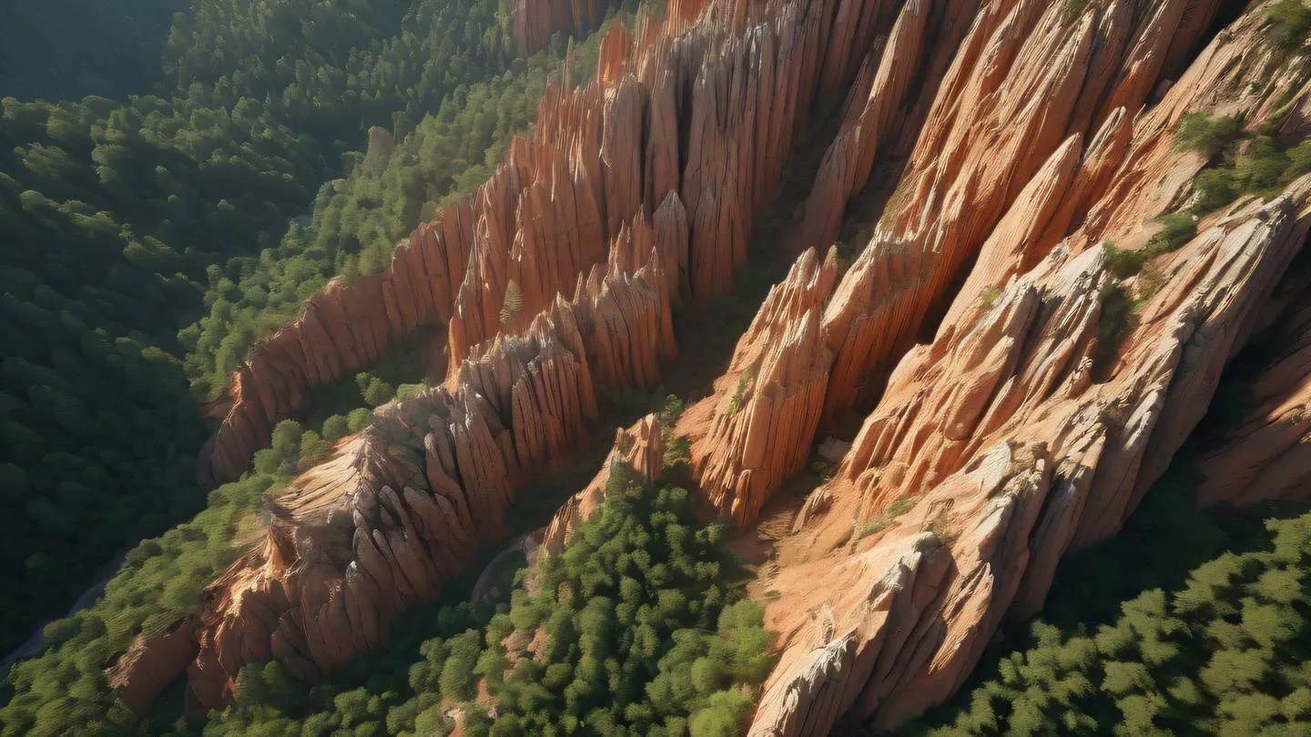 Crystalline rock formations in natural sunlight with layered sedimentary patterns featuring earthy terracotta and forest green tones captured from an aerial perspective high-quality ultra-realistic cinematic 8K UHD high resolution sharp and detail