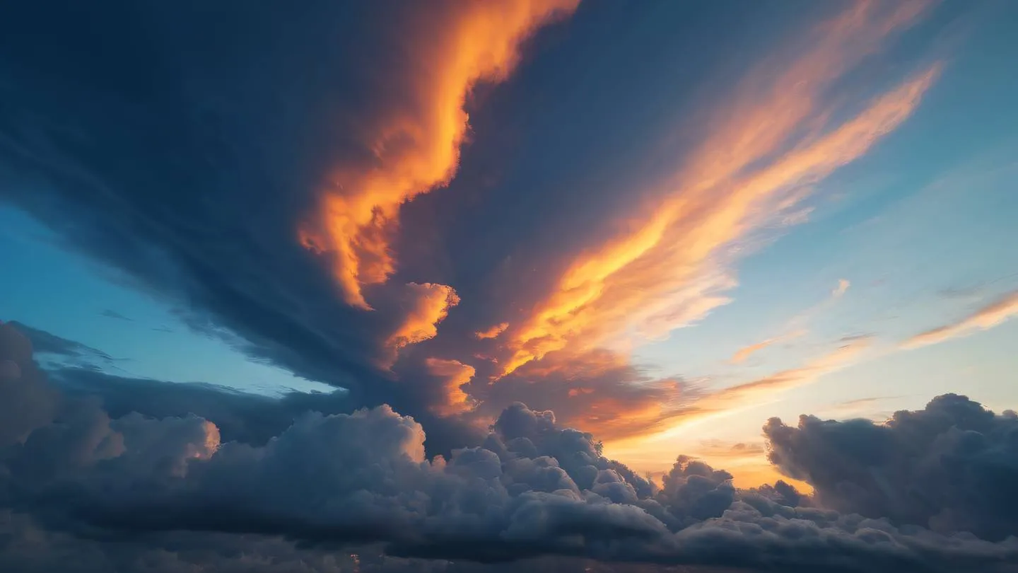 Abstract cloud formations at sunset with striking oranges and cerulean blues swirling together photographed from below looking skyward high-quality ultra-realistic cinematic 8K UHD high resolution sharp and detail