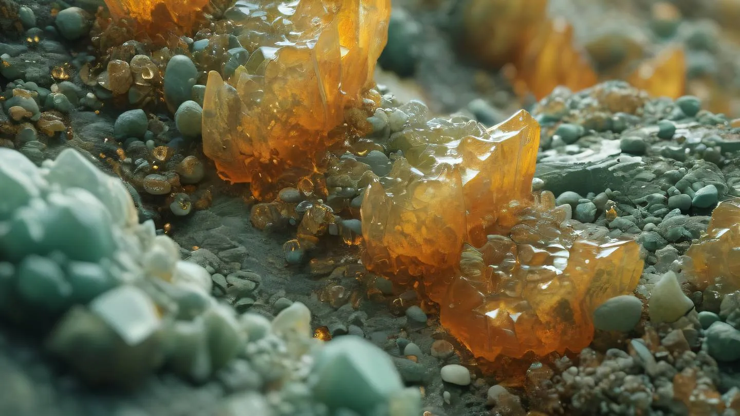 Delicate mineral formations with intricate patterns in bright amber and sage green colors viewed from a diagonal side angle high-quality ultra-realistic cinematic 8K UHD high resolution sharp and detail