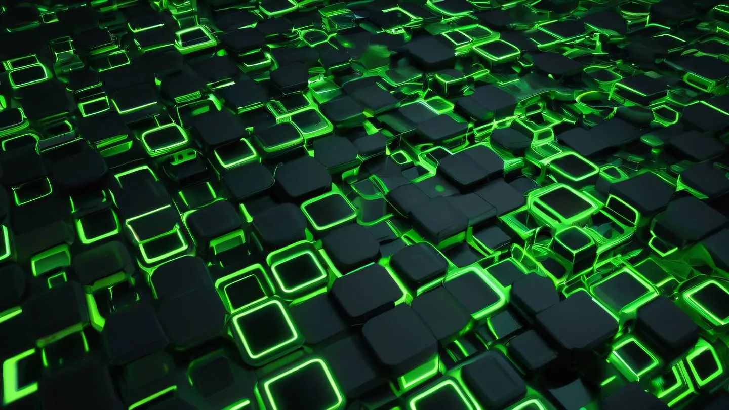 An abstract geometric pattern representing software testing and quality assurance featuring interlocking hexagons and squares in bright green and black colors with subtle light rays penetrating through the shapes. Camera angle: top-down view high-quality ultra-realistic cinematic 8K UHD high resolution sharp and detail