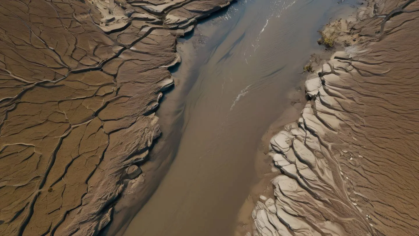 Aerial view of a flowing river system branching into multiple streams captured from directly above showcasing natural patterns in contemporary brown and cream tones. The waterways represent the flow of testing processes. Camera angle: direct top-down high-quality ultra-realistic cinematic 8K UHD high resolution sharp and detail