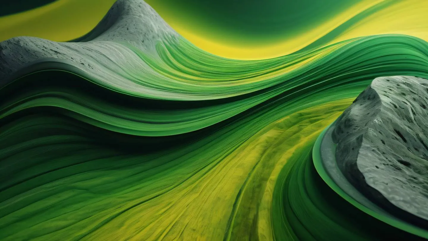 Organic abstract shapes with flowing green and yellow gradients mixed with stone texture elements captured from 45-degree angle high-quality ultra-realistic cinematic 8K UHD high resolution sharp and detail