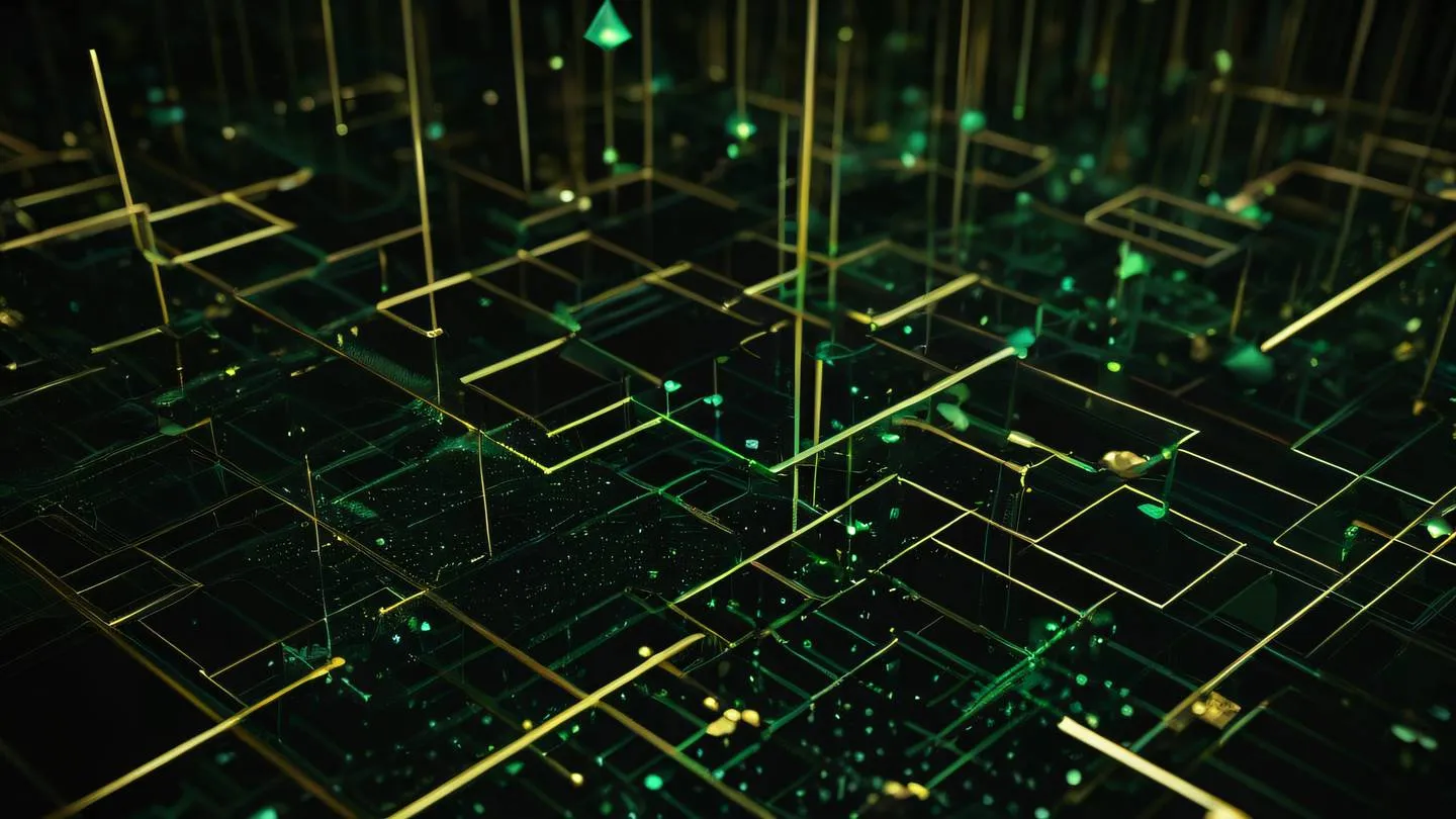 An abstract network of floating geometric shapes representing data flow featuring emerald green and gold colors against a deep black background captured from a diagonal angle high-quality ultra-realistic cinematic 8K UHD high resolution sharp and detail