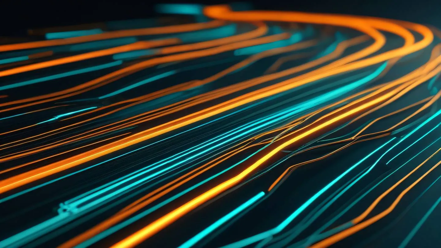 Dynamic flowing lines representing code execution paths rendered in bright orange and turquoise colors viewed from a side perspective with depth high-quality ultra-realistic cinematic 8K UHD high resolution sharp and detail