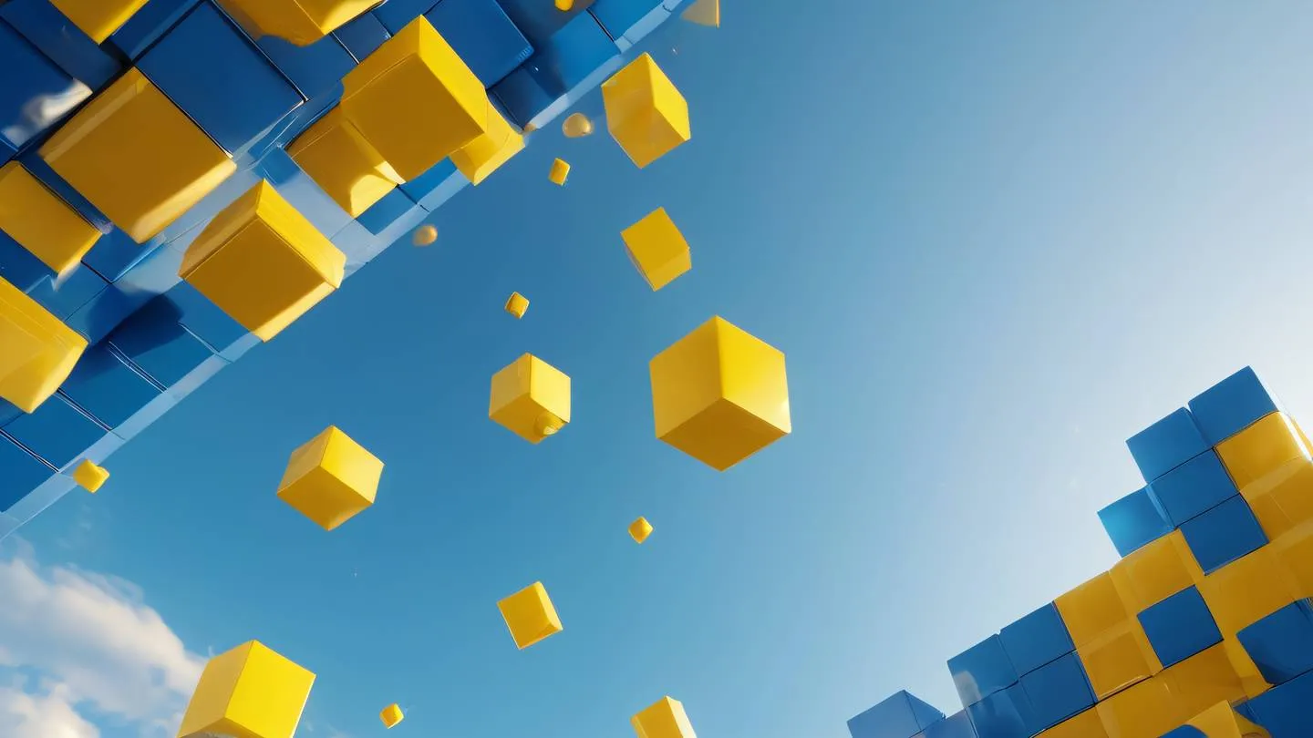 Abstract geometric shapes representing building blocks and patterns featuring interconnected cubes and spheres floating in space predominantly in sunshine yellow and sapphire blue colors shot from a slight low angle perspective high-quality ultra-realistic cinematic 8K UHD high resolution sharp and detail