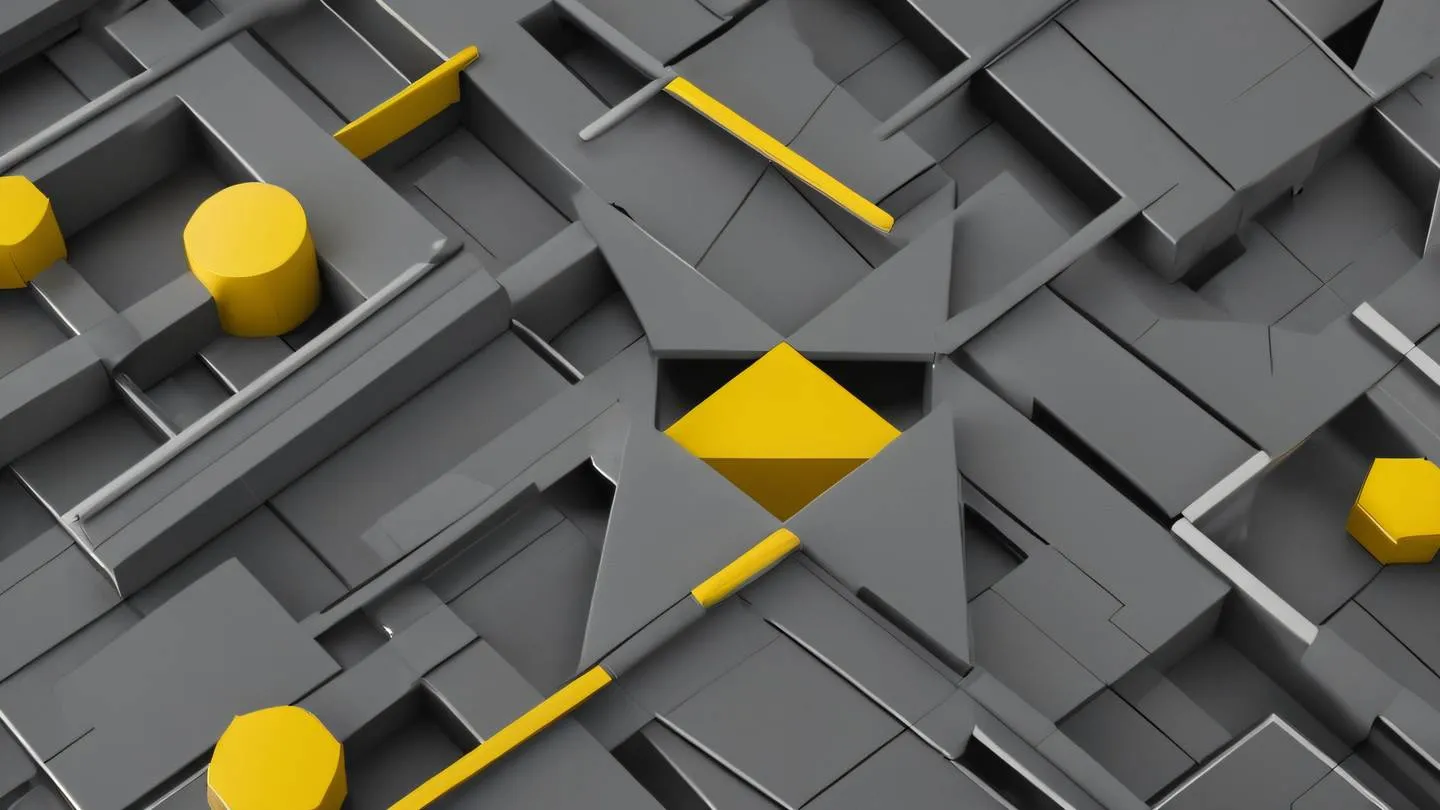 Geometric abstract composition of interconnected shapes and lines symbolizing structure and organization featuring sunshine yellow and modern grey tones captured from a straight-on frontal view high-quality ultra-realistic cinematic 8K UHD high resolution sharp and detail